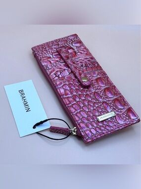 Brahmin Melbourne Crocodile Embossed Leather Slim Wallet French Rose